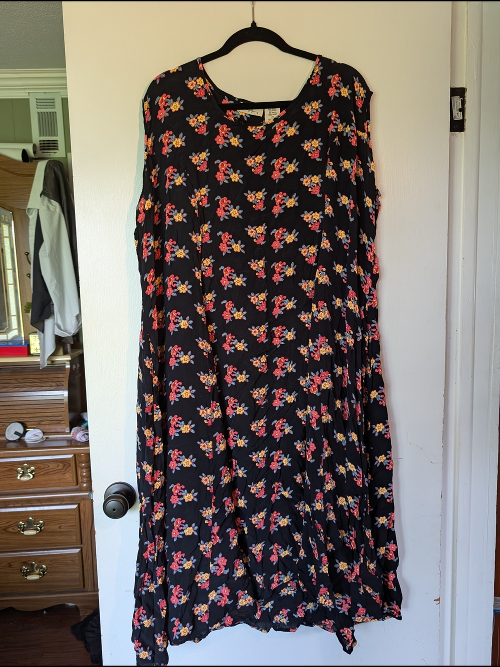 Vintage Black Floral Maxi Dress with Pink & Yellow Blooms